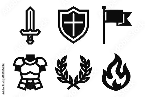 Medieval icons: sword, shield, and armor in bold silhouette style
