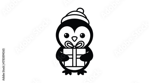 Cute cartoon penguin wearing a striped winter hat holding a wrapped gift box with a ribbon and bow in its flippers silhouette
