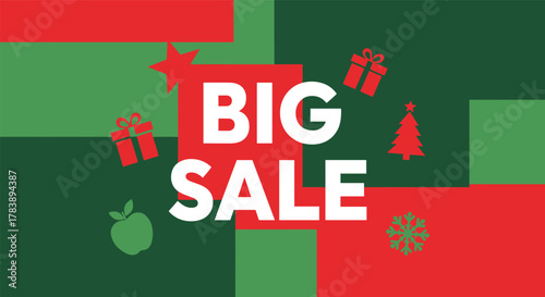Festive sale banner with red and green holiday icons and bold typography