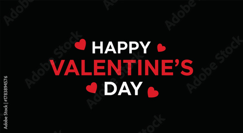 Valentine's day greeting with red hearts and bold typography on black background