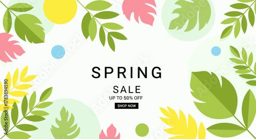 Spring sale banner with colorful leaf patterns and discount offers