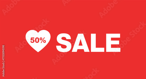 Heart-shaped 50 percent sale banner on red background