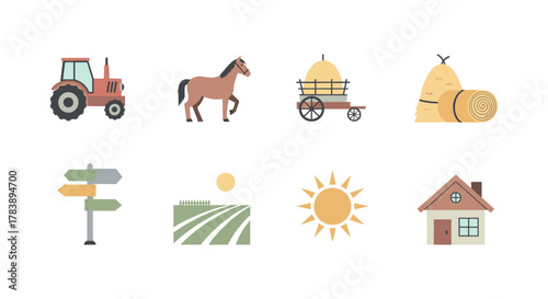 Charming farm life elements: tractor, horse, haystack, sun, home in soft tones