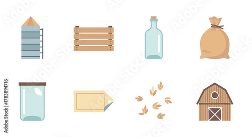 Rustic farm elements collection with barn, silo, and farm tools in flat design