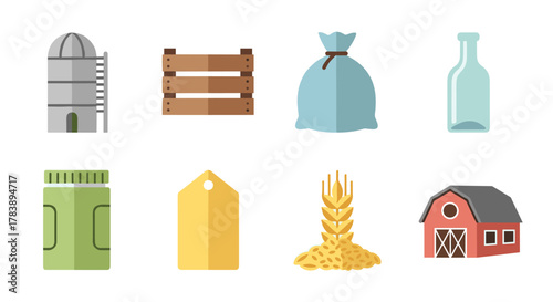 Farm elements: silo, pallet, bag, bottle, jar, tag, wheat, barn in flat design