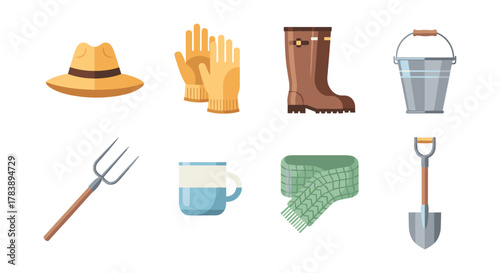 Gardening essentials: hat, gloves, boots, tools, and more in flat style