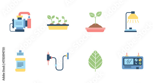 Modern flat icons of gardening tools and plant growth stages