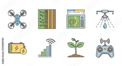 Essential technology in smart farming and agriculture icon set
