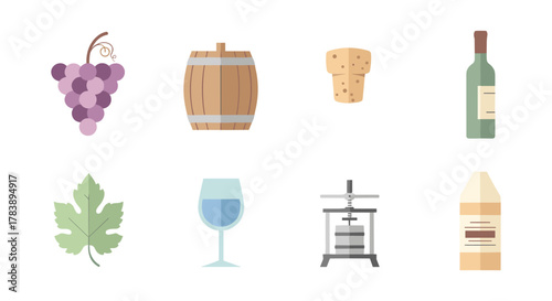 Winemaking icons: grapes, wine press, barrel, cork, leaf, glass, bottle