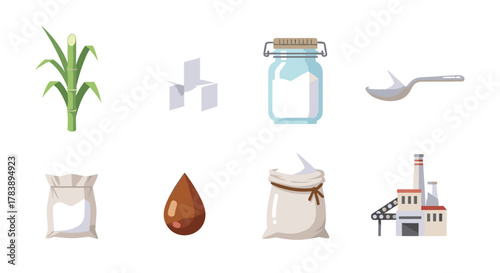 Sugar production process: from cane to factory in modern flat design