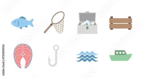 Flat icon set of fishing and seafood elements with fish, boat, and waves