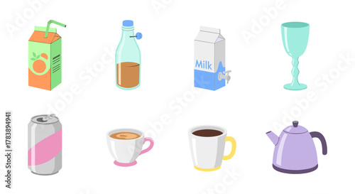 Collection of beverage containers in modern isometric style
