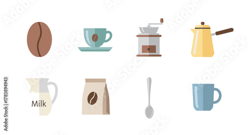 Coffee essentials: flat icons of beans, cups, grinder, and kettle