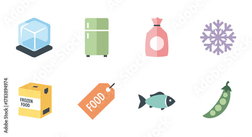 Flat icons of frozen food and cold storage items for modern kitchens