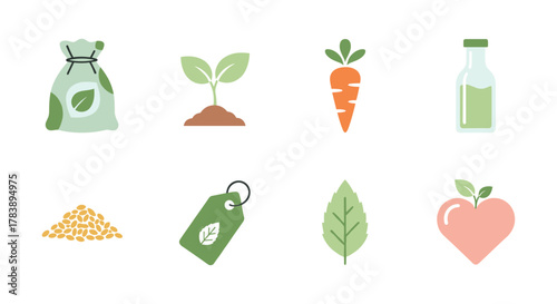 Colorful set of flat eco-friendly icons featuring plants and organic elements
