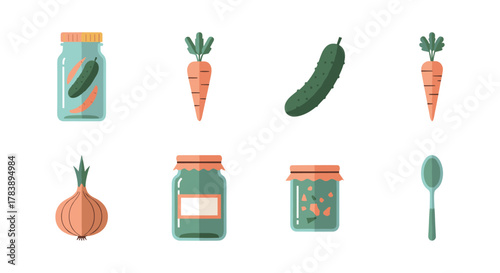 Flat style pickled vegetables: carrot, cucumber, onion, and more in jars