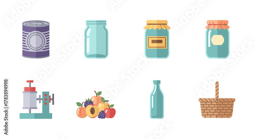 Canning essentials and fruit harvest flat icons collection for homemade preserving