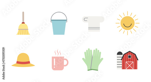Farm and home essentials: flat icons of tools and accessories for everyday use