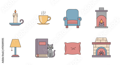 Cozy home elements with fireplace, armchair, cat, and more in flat design