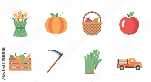 Colorful farming elements with harvest tools and fresh produce icons