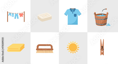 Laundry essentials flat set: clothesline, soap, and washing tools