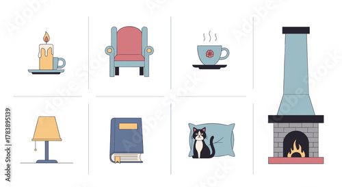 Cozy home elements set: chair, candle, cup, fireplace, lamp, cat, book