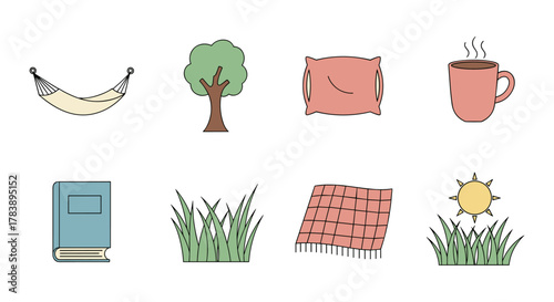 Cozy outdoor essentials: relaxation items featuring hammock, blanket, pillow, and coffee in minimalist design