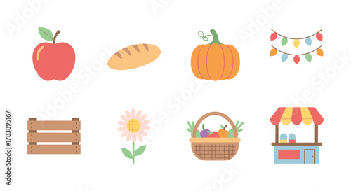 Autumn harvest icons with fruits, vegetables, and market elements in flat design