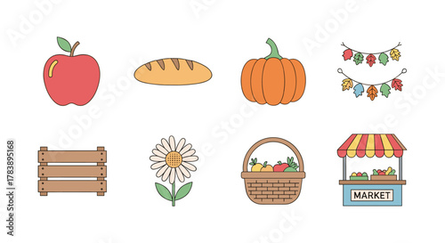 Autumn harvest icons set featuring rustic market, produce, and seasonal decorations