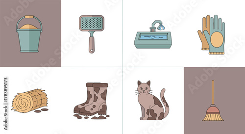 Flat design farm pet care icons: cat, gloves, boots, hay, and tools