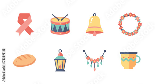 Festive icons collection: drums, bells, and more in flat style