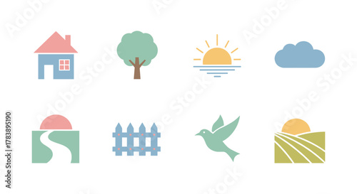 Minimalist nature and home icons: house, tree, sun, cloud, fence, bird, field