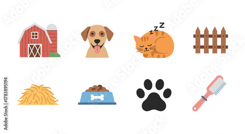 Pet and farm icons collection featuring animals, tools, and accessories in flat design