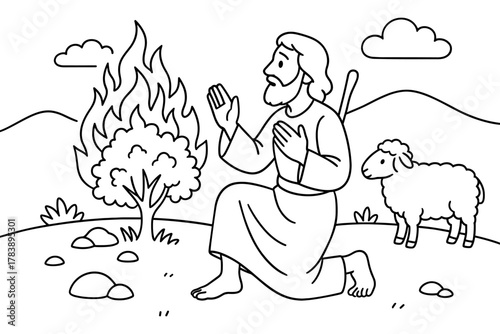 Man kneeling near burning bush with sheep in biblical landscape outline
