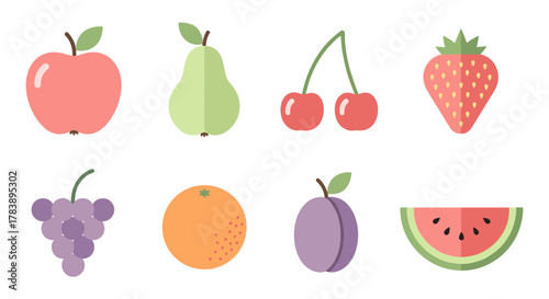 Colorful flat fruit icons: pear, cherry, melon, and more