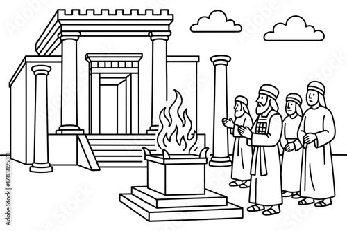 Ancient rituals in historical temple line art featuring a group of priests in prayer