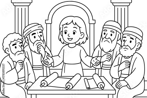 Young teacher with elders in temple scene for coloring