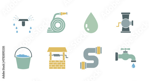 Water supply and management icons in flat style