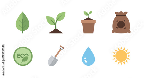 Gardening icons set: plants, tools, and eco symbols in flat design