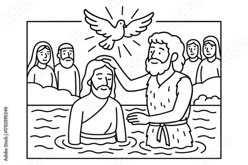 Baptism scene with jesus and john outline with dove and onlookers