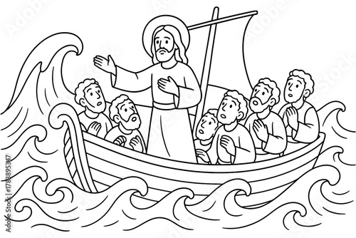 Jesus calming the storm: biblical scene with disciples on a boat in line art