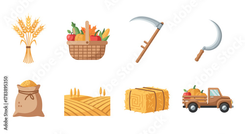 Harvest tools and produce icons: sickle, scythe, wheat, basket, hay, truck