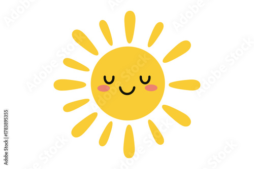 Cute smiling sun with radiating rays and rosy cheeks on white background