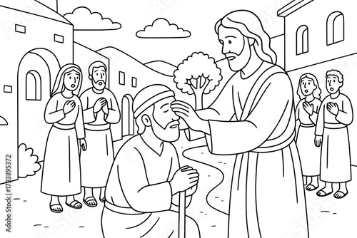 Jesus heals a blind man in biblical scene line art with ancient village backdrop