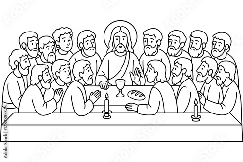 Linear last supper scene with jesus and disciples in black and white outline design