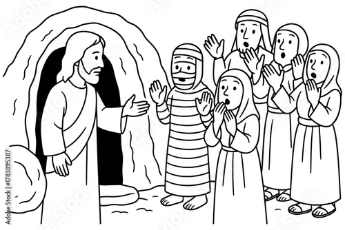 Biblical scene of jesus and lazarus with amazed onlookers in line art style
