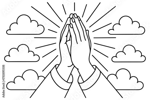 Linear hands in prayer with clouds and light rays for spiritual calmness