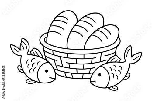 Basket of bread and fish in black and white line art