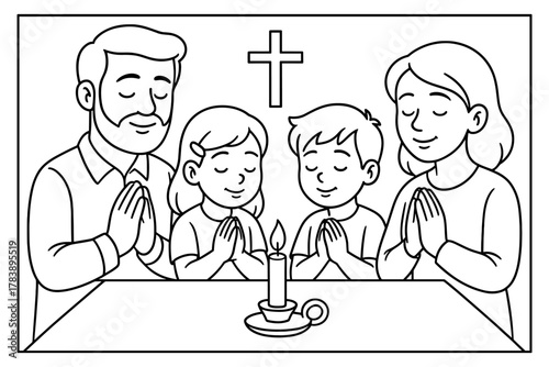 Family praying together in black and white line art with candle