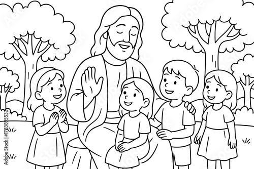 Peaceful scene of a charismatic leader with joyful children in nature